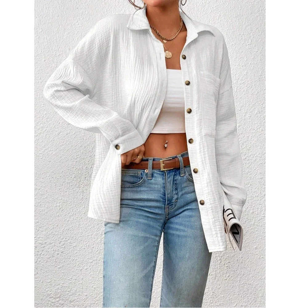 Cotton White Casual Shirt  Button Down Up Long Sleeve - Picture 3 of 16